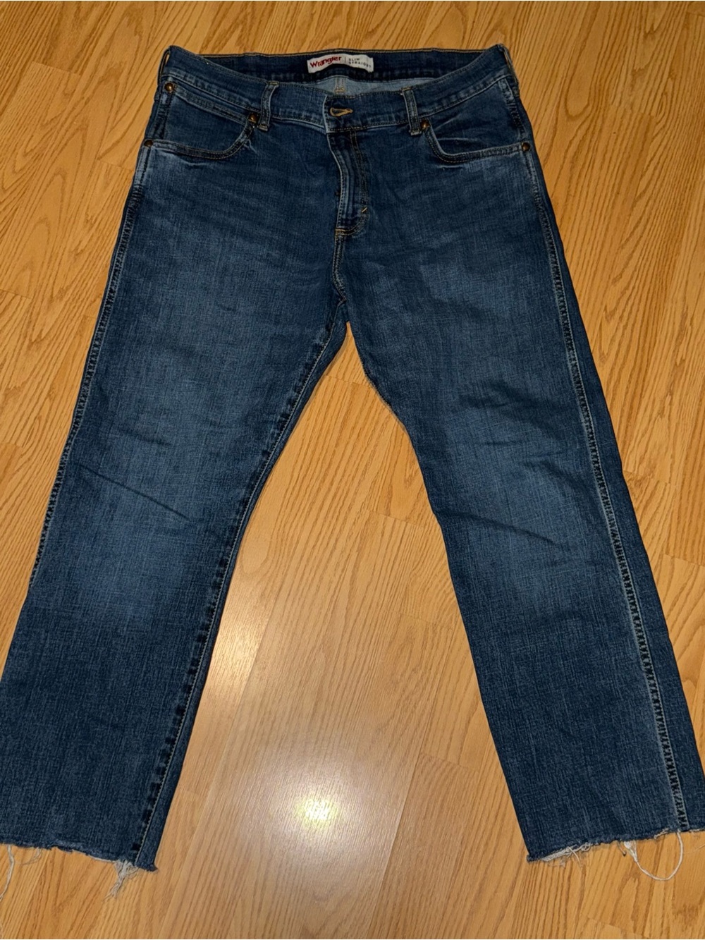 Wrangler Slim Straight Jeans Men’s 34x29 Blue Raw Hem Cut Off Denim Pants